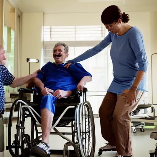 Image similar to a male patient in a wheelchair in the hospital with his wife and son standing by. happy, cheerful, smiling, cinematic lighting, art by emiliya lane, margaret dyer