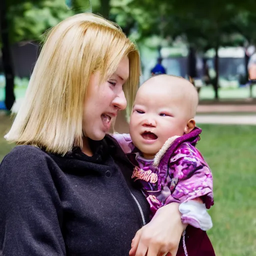 Prompt: photograph of a blonde woman holding asian - white mixed race baby in a park