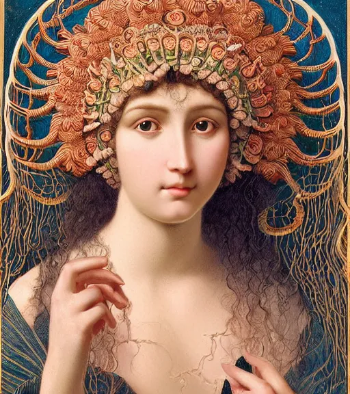 Image similar to portrait of a gorgeous sublime young goddess with intricate decorative jellyfish headdress and beautiful eyes, clear lines, detailed painting by john william godward and ernst haeckel and james jean