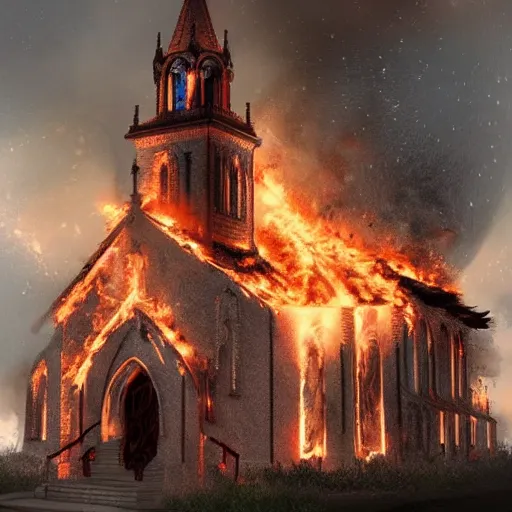 Prompt: a church burning down, trending on artstation, beautiful, highly detailed