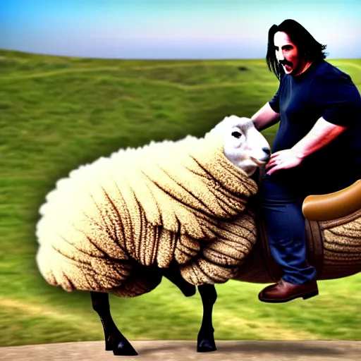 Prompt: morbidly obese keanu reeves riding a texel sheep, photo, detailed, 4 k