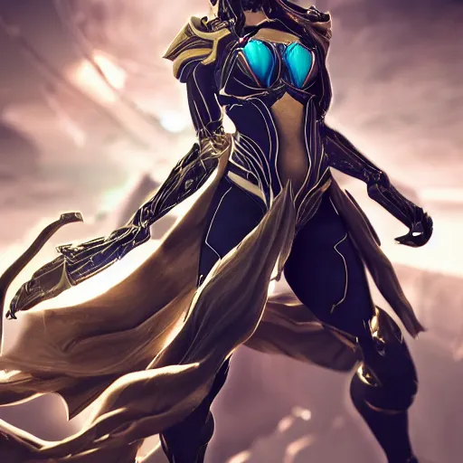 Image similar to highly detailed exquisite fanart, of a beautiful female warframe, elegant pose, holding a detailed epic kitgun, detailed hands, epic cinematic shot, DeviantArt, high quality artstation, HD render