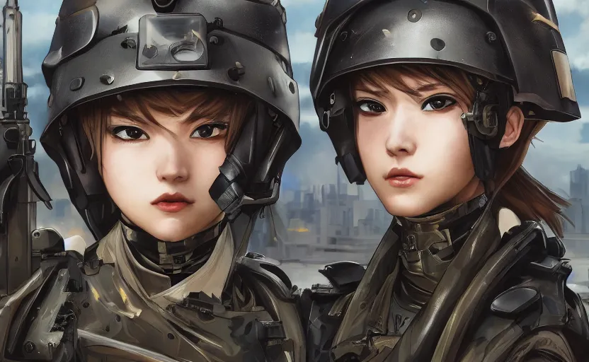 Image similar to portrait of mechanized soldier girl, anime style, urban in background, soldier clothing, combat helmet, short hair, hair down, symmetrical facial features, from arknights, hyper realistic, 4 k, rule of thirds, extreme detail, detailed drawing, trending artstation, hd, d & d, realistic lighting, by alphonse mucha, greg rutkowski
