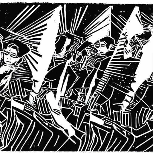 Image similar to a linocut engraving of yellow magic orchestra playing a concert