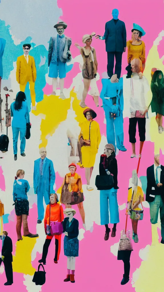 Prompt: a row of european tourists standing with a variety of poses and props, a collage painting, in the style of wes anderson, lola dupre, david hockney, isolated on negative white space background dark monochrome neon spraypaint accents volumetric octane render