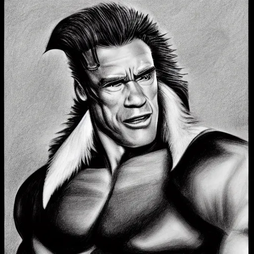 Image similar to Arnold Schwarzenegger as a character in the cartoon sonic the hedgehog. pencil drawing