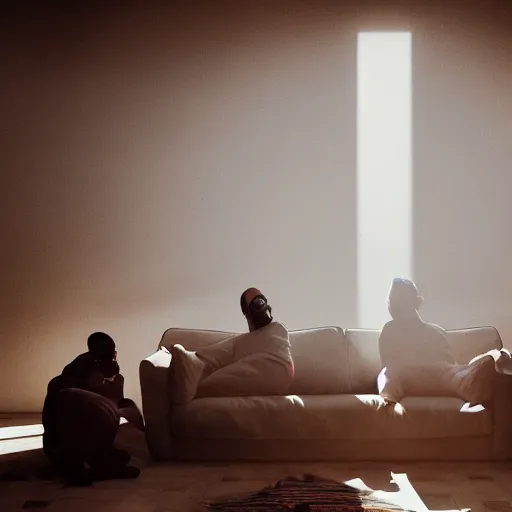 Prompt: gang members chilling around dirty couch in a beige room thick volumetric dust god rays shines through the blinds kinda atmosphere jonathan zawada style photography