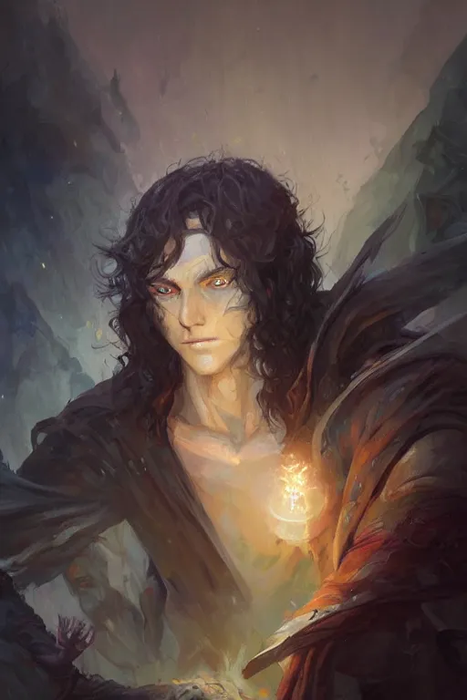 Image similar to portrait | elven teenage boy mage | long black hair | dragon egg | digital painting | modern fantasy | concept art | by peter mohrbacher | by wlop | by ruan jia