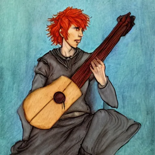 Prompt: kvothe from name of the wind, with fire red hair, restringing his lute. illustrated in oil paints and charcoal like a tarot card