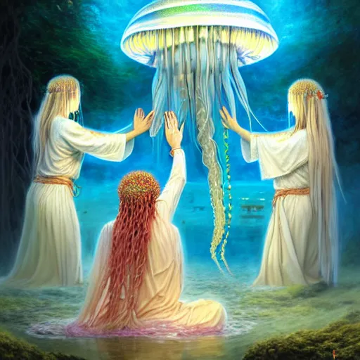 Prompt: A painting of priestesses worshipping at the jellyfish temple, shrouded in mist, jellyfish god, jellyfish priestess, jellyfish shrine maiden, 8K, illustration, art by Lilia Alvarado, Sophie Anderson, Mark Arian, Bob Byerley, Charlie Bowater, Mark Brooks, Steve Henderson, Justin Gerard, Arthur Hughes, Edward Robert Hughes, Mark Keathley, Victor Nizovtsev, Carlos Shwabe, Ross Tran, WLOP, smoke, undersea temple with fish, cinematic, insanely detailed and intricate, hypermaximalist, elegant, super detailed, award-winning, magenta and crimson and cyan, rainbow accents, iridescence, bioluminescence, mysterious, ancient, ritual, trending in cgsociety, artstation HQ, ornate, elite, haunting, matte painting, beautiful detailed, insanely intricate details, dreamy and ethereal, otherworldly