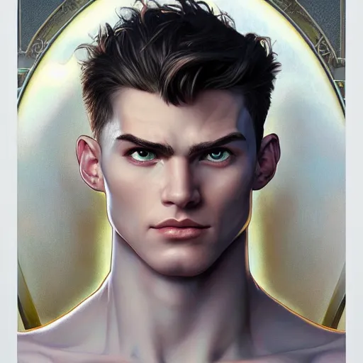 Image similar to character concept, portrait, symmetrical head - on centralized, young man with strong body. detailed, high quality, dynamic lightning, fantasy, scenematic. artwork by artgerm, wlop, alex ross, greg rutknowski, alphonse mucha