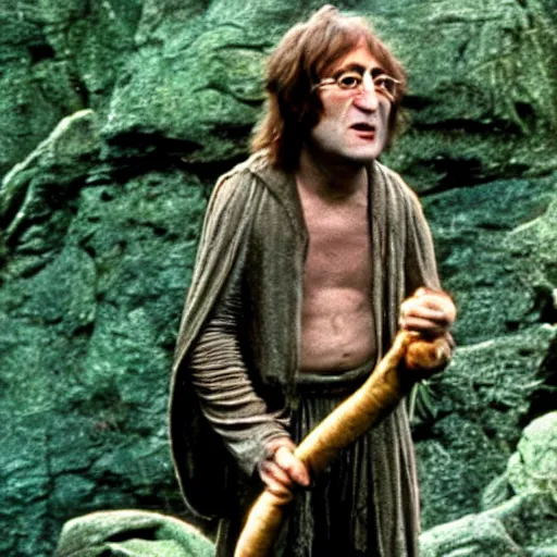 Prompt: A full color still of John Lennon as Gollum in The Lord of the Rings, 1967