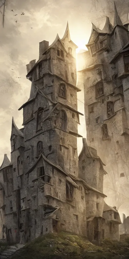 Prompt: multiple medieval houses stacked on each other, creating a thin monolith, sunlight, concept art, very tall, trending on deviantart, movie still, award wining photograph