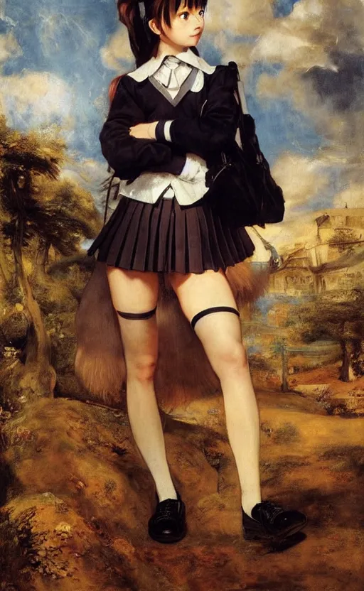 Prompt: school girl, school uniform, seifuku, pleated miniskirt, overknee socks, battle angel alita. by rembrandt 1 6 6 7, illustration, by konstantin razumov, by el greco