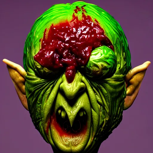 Image similar to a face made of brussels sprouts, horror, terrifying, demon, blood, 8 k, trending on artstation, 8 0 mm photography, hyperrealistic