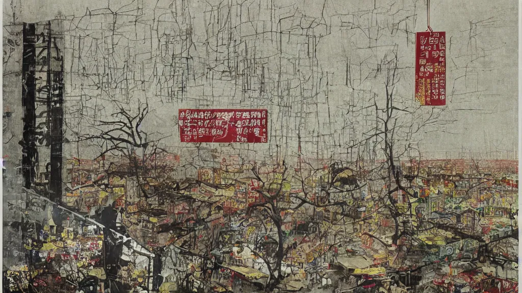 Image similar to a chinese prison near a river by peter doig, acid and grey colors, overlaid with chinese adverts