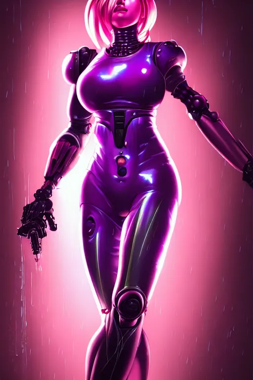 Image similar to 3 / 4 portrait of samus aran, kowloon cyberpunk cityscape, biomechanical oppai, rain, purple and pink and black neon lighting, by artgerm and clay mann and sorayama and alphonse mucha, trending on artstation