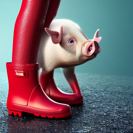 Image similar to digital art of a baby pig wearing red rainboots, 8 k render, octane render, saturated