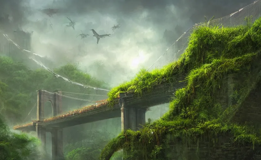 Image similar to an epic landscape view of vines and moss growing on the brooklyn bridge, moss, jungle, with pterosaurs flying, close - up, low angle, wide angle, atmospheric, volumetric lighting, cinematic, very realistic, sharp, highly detailed digital art, painted by tyler edlin