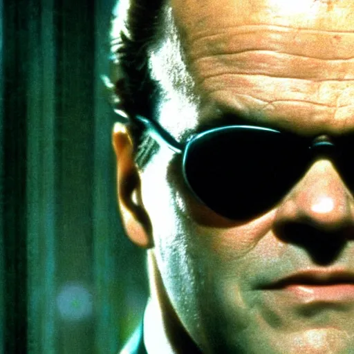 Prompt: Jack Nicholson as Agent Smith on the matrix, 1999, close-up, cinematic composition, cinemascope,