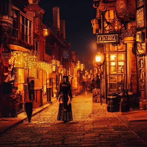 Image similar to a street level photo of a fantasy steampunk victorian city street, with people walking on the streets, at night, 4k, canon 5D