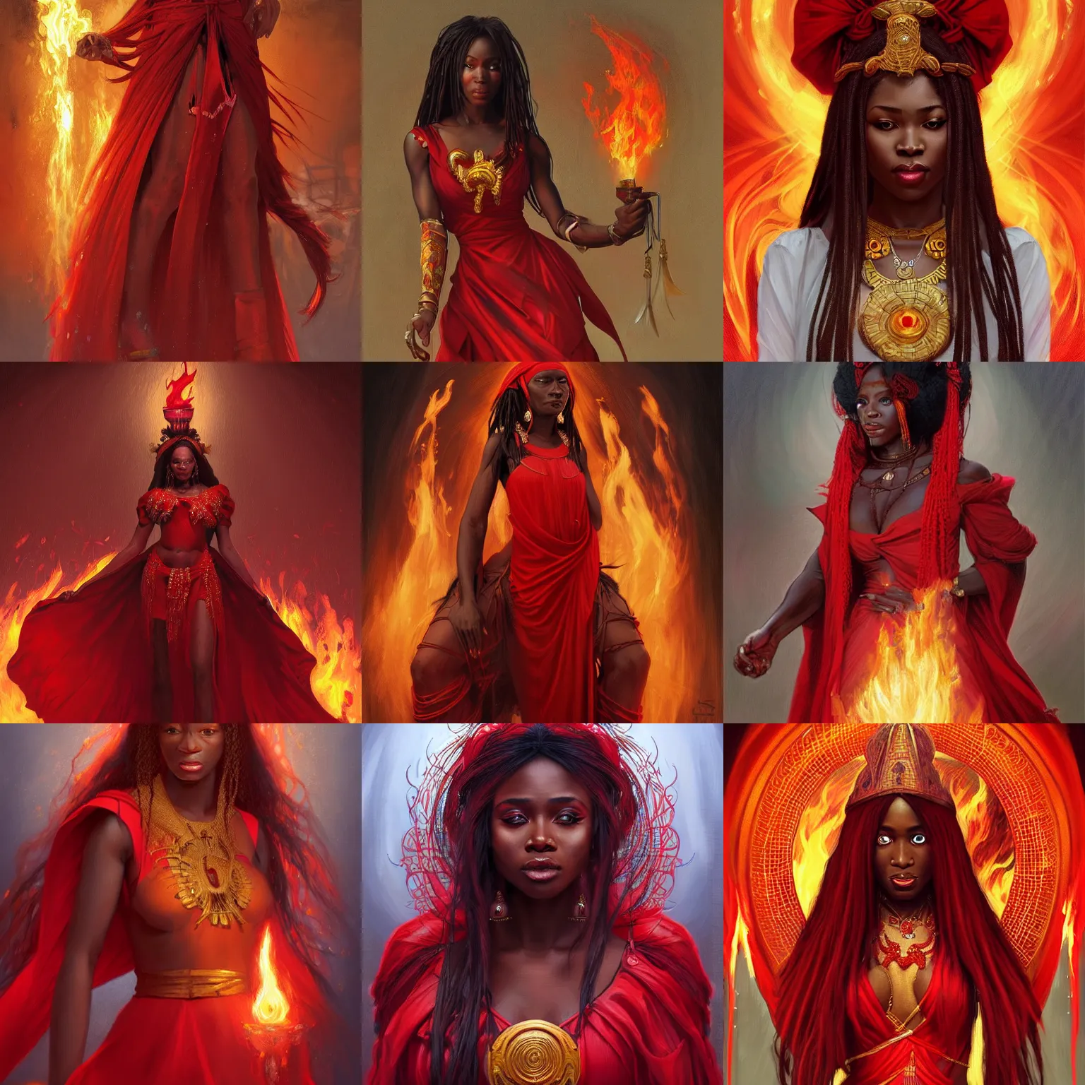 Prompt: nigerian priestess with long hair wearing a red dress, surrounded by flames, fantasy, portrait, highly detailed, digital painting, artstation, concept art, sharp focus, illustration, art by artgerm and greg rutkowski and alphonse mucha
