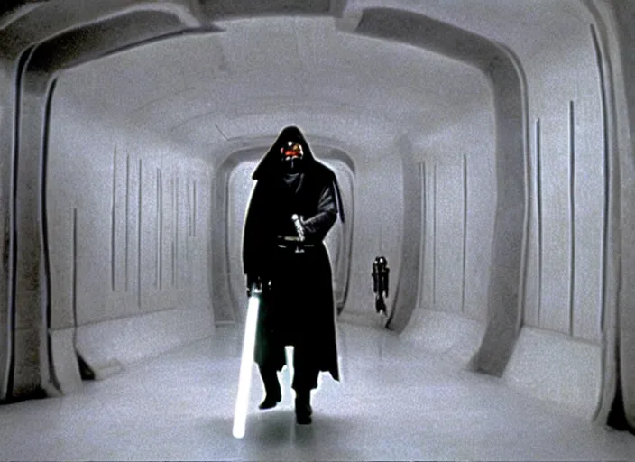 Prompt: Still of Clint Eastwood as Obiwan kenobi with his light saber in the death star corridors in Star Wars (1977)