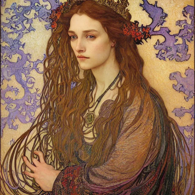 Image similar to detailed realistic beautiful young medieval queen face portrait by jean delville, alphonse mucha, vincent van gogh, and marco mazzoni, art nouveau, symbolist, visionary, gothic, pre - raphaelite