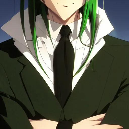 Image similar to full body portrait character concept art, anime key visual of decadent green long straight hair young anime male in black suit, green long straight hair and brown eyes, finely detailed perfect face studio lighting delicate features directed gaze, gapmoe kuudere grimdark, trending on pixiv fanbox, painted by greg rutkowski makoto shinkai takashi takeuchi studio ghibli