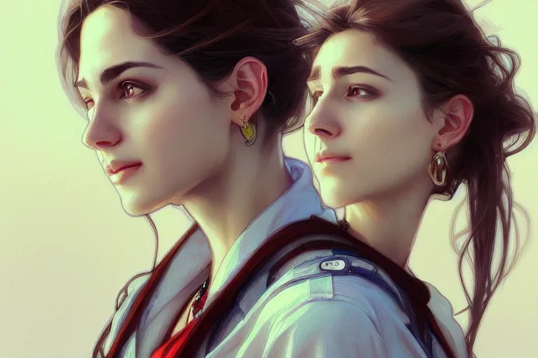 Image similar to Anxious pretty pale young arabian doctor wearing jeans at the airport, portrait, elegant, intricate, digital painting, artstation, concept art, smooth, sharp focus, illustration, art by artgerm and greg rutkowski and alphonse mucha