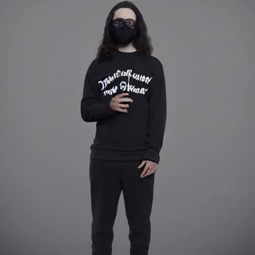 Image similar to professional digital art of a young adult man with slightly long hair wearing a black face mask and a form-fitting dark sweatshirt with dark sweatpants, high quality, HD, 8K, highly detailed, award-winning, fantasy, aloof