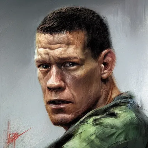 Image similar to A realistic hyperdetailed wide-shot digital oil portrait painting of an John cena in the style of Guy Denning, Ruan Jia, and Craig Mullins. Trending on ArtStation, DeviantArt, and Instagram. CGSociety Digital art. John cena.