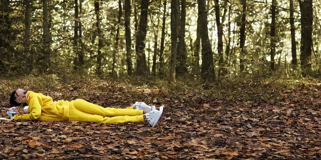 Prompt: female laying down wearing yellow velor sweat suit and dirty heavily worn white keds slip on tennis shoe with toes pointing up covered by dark colored leaves and twigs from the calf and up in eery forest with lots of dark colored leaves and foliage, sunlight streaming down, highly detailed, unreal engine