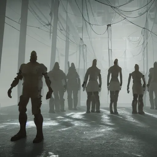 Prompt: illustration of rows of limp humans hanging like clothing in an ice box, rolling fog, cyberpunk, dystopian, dramatic lighting, unreal engine 5