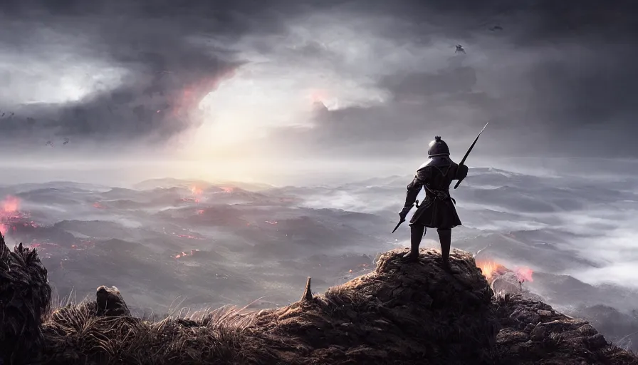 Prompt: medieval soldier atop a ridge looking over a vast medieval kingdom rule by an evil king. the soldier is ready for battle. his trusted dragon circles overhead. it is a somber morning. death is close. prepare for battle. mist, epic, cinematic, volumetric lighting, symmetry, fantasy style, highly - detailed, unreal 5, realism,