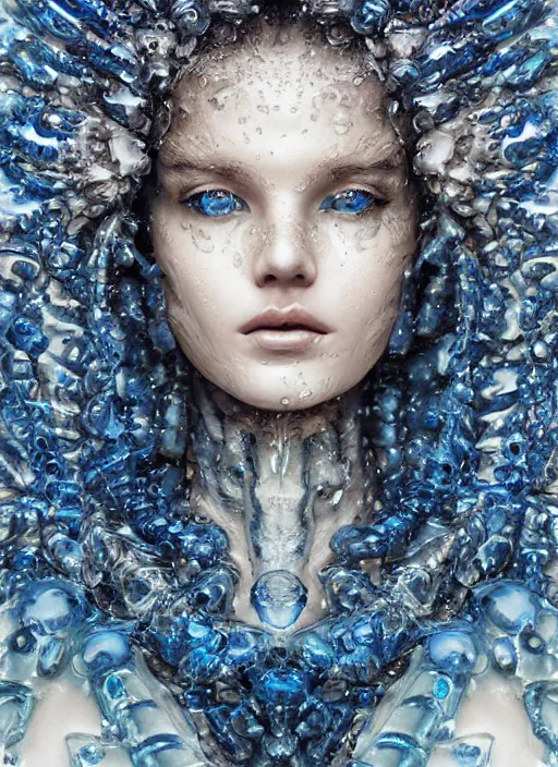 Image similar to sculpture made of water, portrait, female, future, shaman, harper's bazaar, vogue, magazine, insanely detailed and intricate, concept art, blue, wet, ornate, luxury, elite, elegant, trending on artstation, by ruan jia, by Kenneth Willardt, by ross tran, by WLOP, by Andrei Riabovitchev,