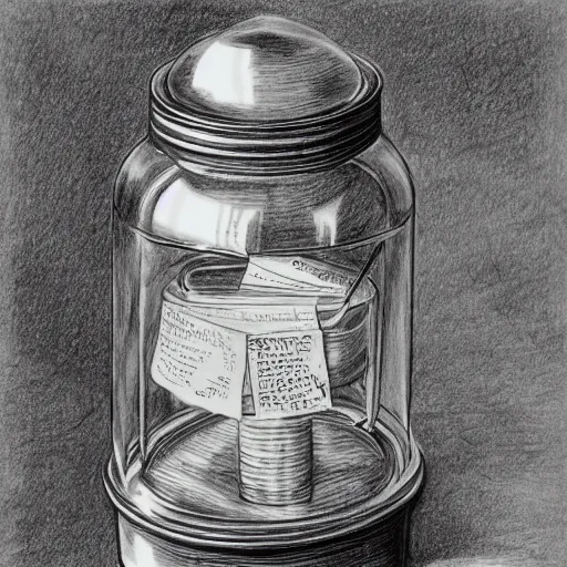 Image similar to planet earth inside an apothecary jar on a desk, pencil drawing, detailed