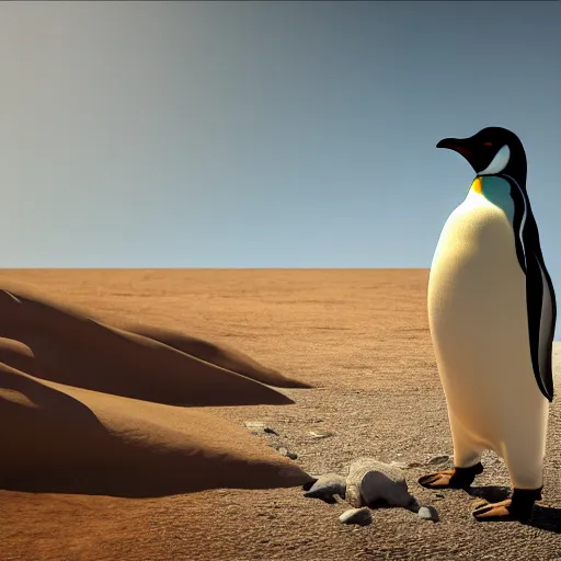 Prompt: pooping Penguin in the desert, Pyjama british Air force Officer, octane render, unreal engine, 8k high definition