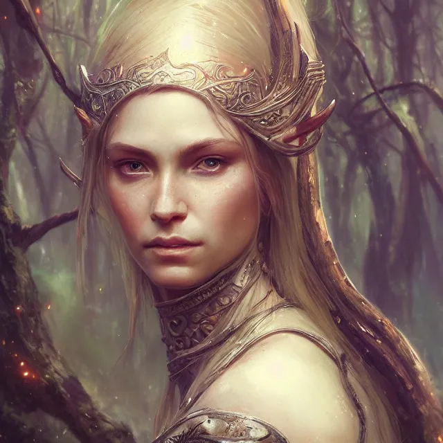 Image similar to close up portrait of a beautiful female elven warrior, magical forest background fantasy atmosphere. art by greg rutkowski. highly detailed, intricate, lifelike. sci - fi, fantasy, magical, nikon d 8 5 0.