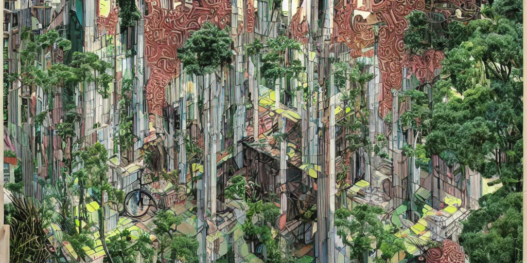 Image similar to masterpiece, graphic illustration of afro futurist florence courtyard designed by by frank lloyd wright architect, plants and trees on walkways low buildings, green energy, bicycles,, bill sienkiewicz, plants trail from balconys, abstract mirrored sculptures, insanely detailed and intricate