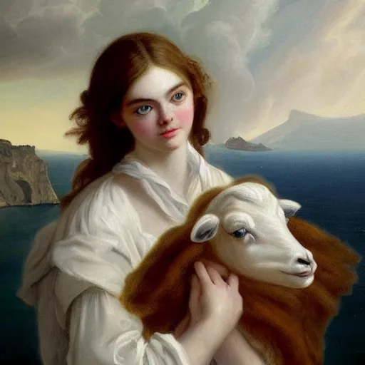 Image similar to professional painting of Elle Fanning in Santorini holding a white lamb in the style of Thomas Lawrence, head and shoulders portrait, symmetrical facial features, smooth, sharp focus, illustration, intricate, stormy weather, extremely detailed masterpiece,