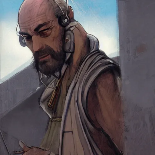 Image similar to Xerxes the Beggar priest with cyberpunk headset in a busy spaceport on Poseidon 5 colony. Gritty Concept art by James Gurney.