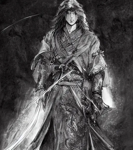 Image similar to portrait of anime man with long hair wearing a dark robe holding a rapier, pen and ink, intricate line drawings, by craig mullins, ruan jia, kentaro miura, greg rutkowski, loundraw