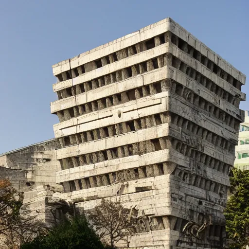 Image similar to a huge brutalist building with roman empire insignia hanging from the top of it