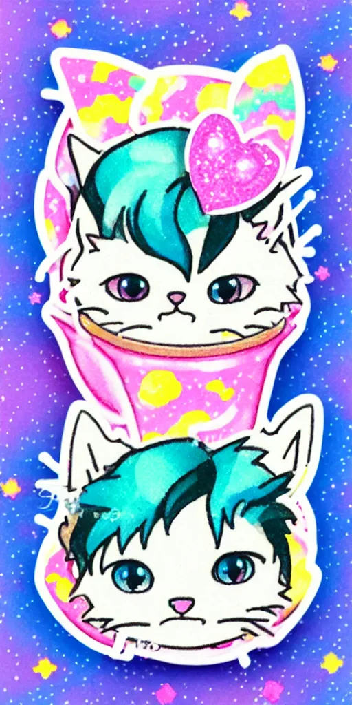 Image similar to a tiny cute kitten sleeping, puffy sticker, glitter sticker, kawaii by studio ghibli, by lisa frank 8 k pastel colours, isometric, smeared watercolours,