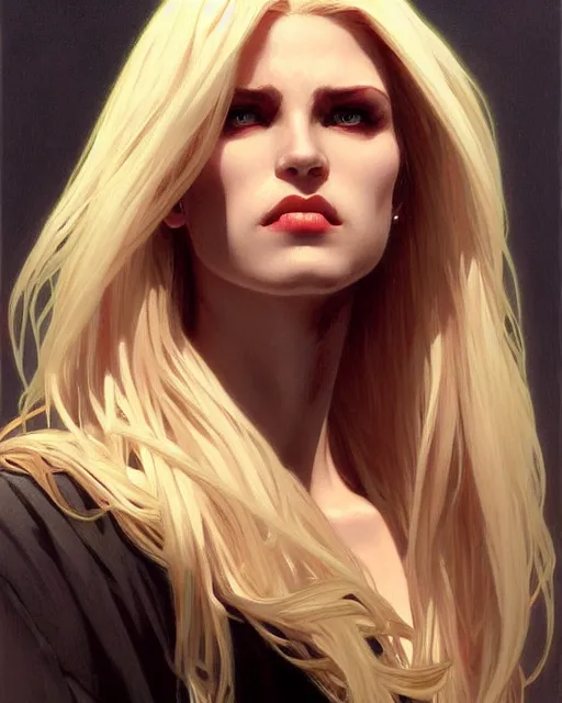 Image similar to portrait of a blonde vampire, dark, piercing eyes, gentle expression, elegant clothing, photorealistic, highly detailed, artstation, smooth, sharp focus, art by michael whelan, artgerm, greg rutkowski and alphonse mucha