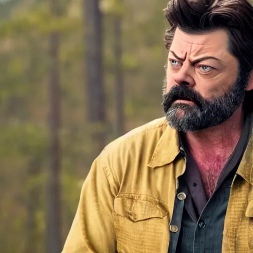 Prompt: logan wolverine as nick offerman, with claws, photorealistic movie still, detailed, 8 k