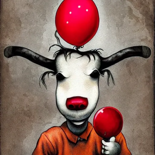 Image similar to grunge cartoon painting of a cow with a wide smile and a red balloon by chris leib, loony toons style, pennywise style, corpse bride style, horror theme, detailed, elegant, intricate