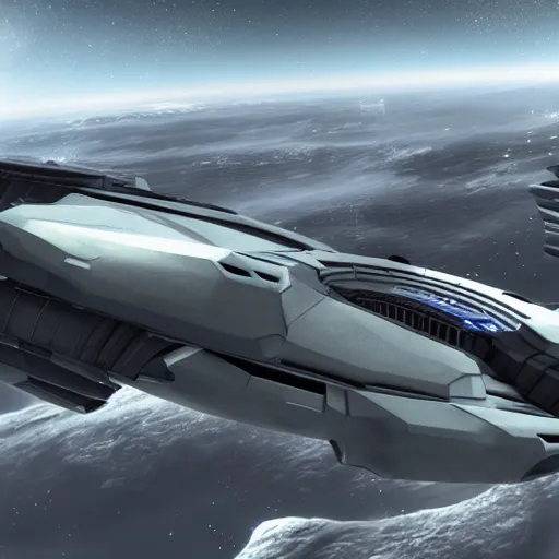 Image similar to rendering of a futuristic starship, halo, military, highly detailed