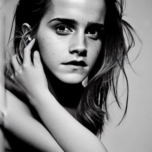 Prompt: Emma Watson closeup face shoulders very long hair hair slightly open lips Vogue fashion shoot by Peter Lindbergh fashion poses detailed professional studio lighting dramatic shadows professional photograph by Cecil Beaton, Lee Miller, Irving Penn, David Bailey, Corinne Day, Patrick Demarchelier, Nick Knight, Herb Ritts, Mario Testino, Tim Walker, Bruce Weber, Edward Steichen, Albert Watson